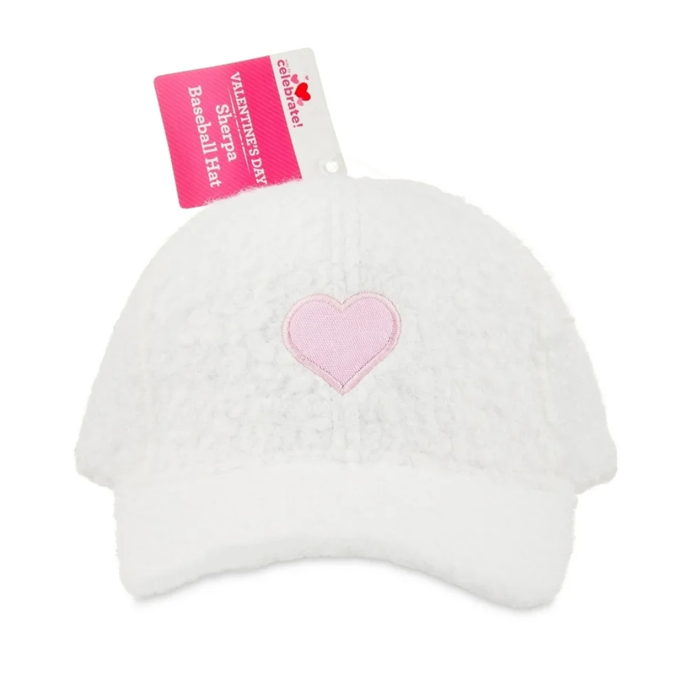 Faux Sherpa Heart Hat - White Baseball Cap Valentines Day Casual Baddie